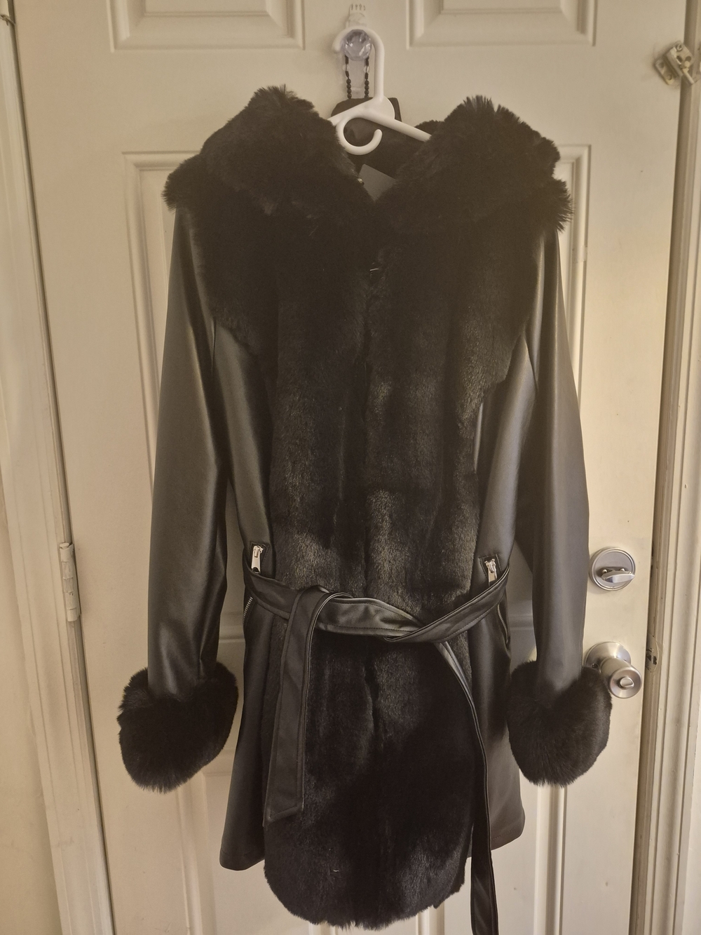 Women's Black Faux Fur Trim Belted Leather Jacket